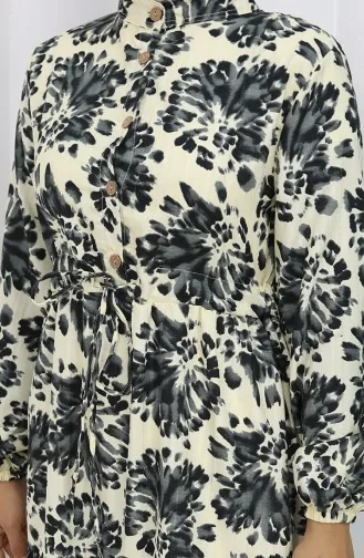 Robe à Motifs Avec Col Grand-père Et Taille Nouée 0192-01 Noir 0192-01