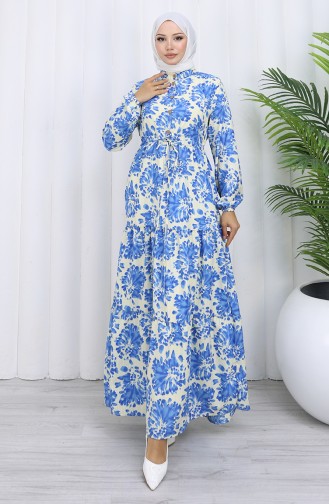 Robe à Motifs Avec Col Mandarin Et Taille Nouée 0192-02 Indigo 0192-02