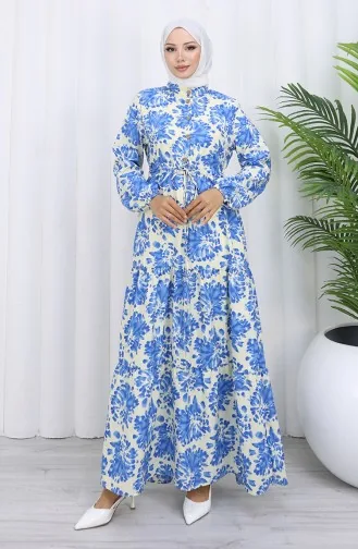 Robe à Motifs Avec Col Mandarin Et Taille Nouée 0192-02 Indigo 0192-02
