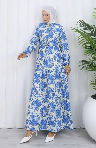Robe à Motifs Avec Col Mandarin Et Taille Nouée 0192-02 Indigo 0192-02