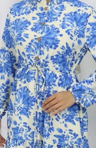 Robe à Motifs Avec Col Mandarin Et Taille Nouée 0192-02 Indigo 0192-02