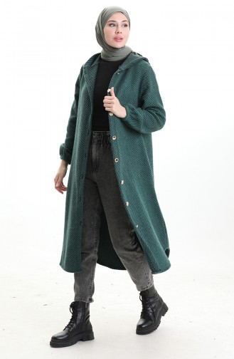 Hooded Buttoned Cashmere Coat 0201-07 Emerald Green 0201-07