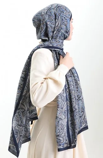 Karaca Patterned Mio Shawl 82011-07 Navy Blue Indigo 82011-07
