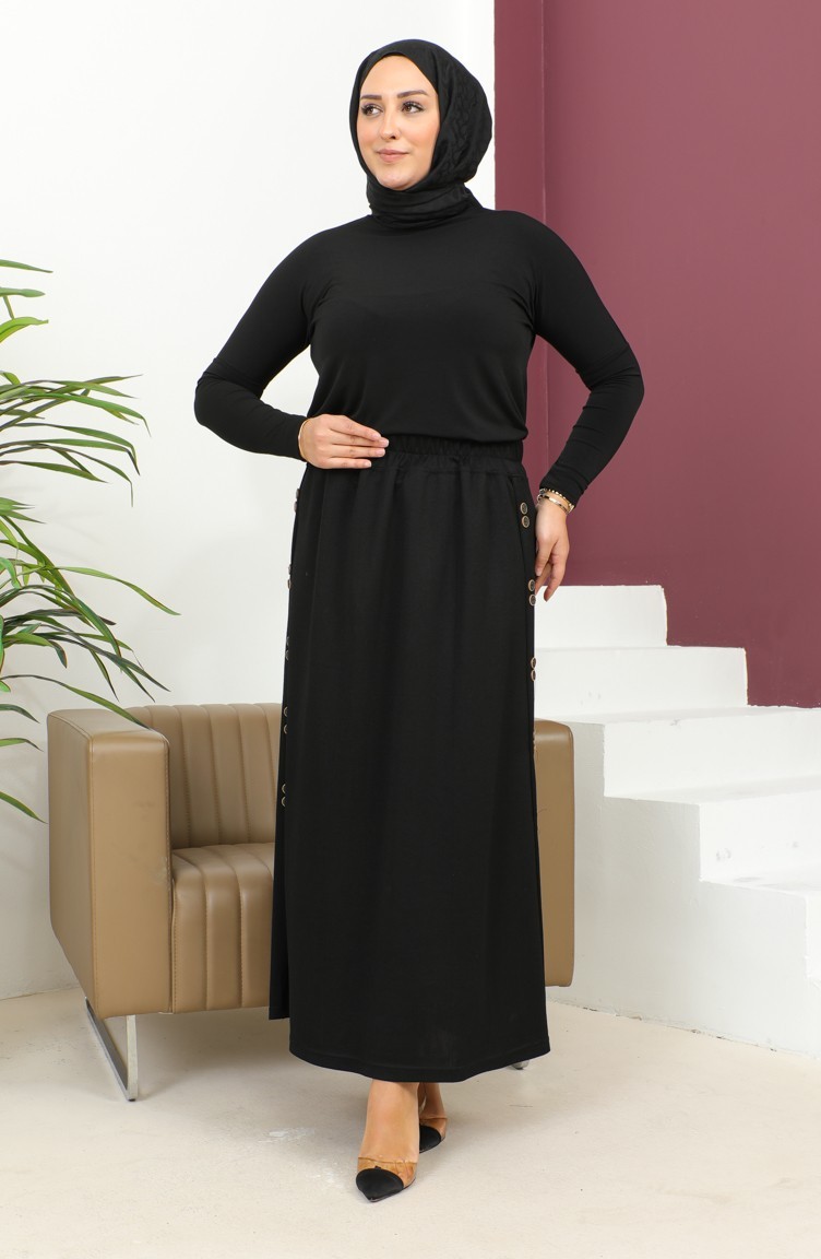 Sefamerve, Jupe élastique Grande Taille à Boutons Modèle 4200-01 Noire