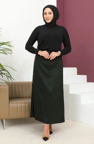 Büyük Beden Düğme Detaylı Lastikli Etek 4200-02 Haki