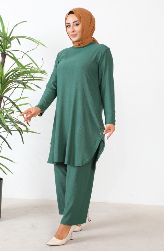 Büyük Beden Taşlı Tunik Pantolon İkili Takım 2658-01 Zümrüt Yeşili