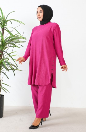 Plus Size Stoned Tuniek Broek Tweedelig Pak 2658-05 Fuchsia 2658-05