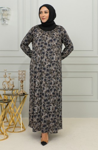 Büyük Beden Desenli Viskon Elbise 4447-04 Lacivert