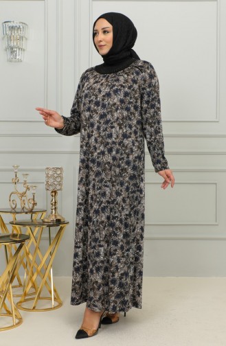 Büyük Beden Desenli Viskon Elbise 4447-04 Lacivert