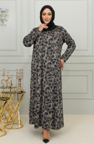 Büyük Beden Desenli Viskon Elbise 4447-04 Lacivert