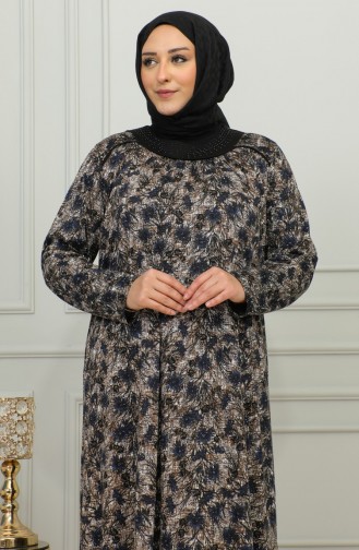 Büyük Beden Desenli Viskon Elbise 4447-04 Lacivert