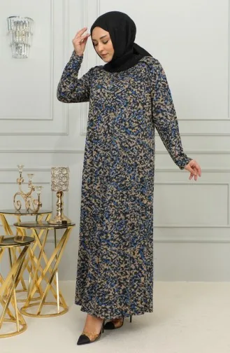 فستان فيسكوز منقوش مقاس كبير 4447A-01 أزرق 4447A-01