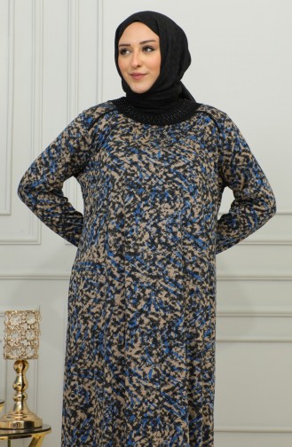 Büyük Beden Desenli Viskon Elbise 4447A-01 Mavi