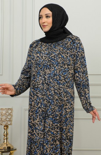 Büyük Beden Desenli Viskon Elbise 4447A-01 Mavi