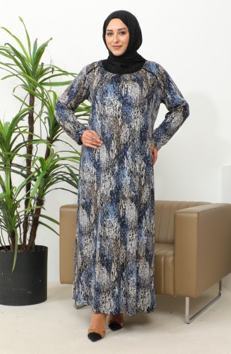 فستان فيسكوز منقوش مقاس كبير 4447C-03 أزرق 4447C-03