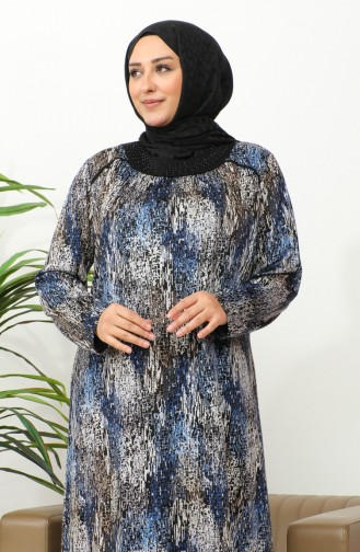 فستان فيسكوز منقوش مقاس كبير 4447C-03 أزرق 4447C-03