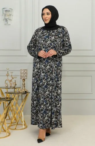 فستان فيسكوز منقوش مقاس كبير 4447D-01 أزرق 4447D-01