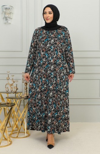 Plus Size Patterned Viscose Dress 4447D-02 Petrol 4447D-02