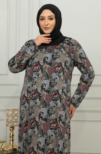 فستان فيسكوز منقوش بمقاس كبير 4447E-01 أحمر كلاريت 4447E-01