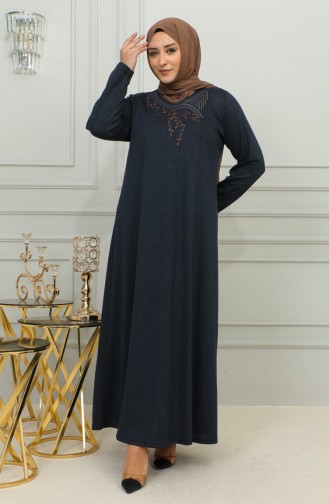 Plus Size Geborduurde Viscose Jurk 4879-02 Marineblauw 4879-02