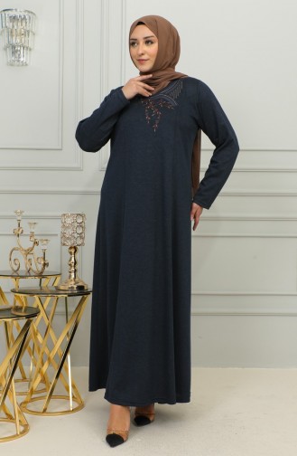 Plus Size Geborduurde Viscose Jurk 4879-02 Marineblauw 4879-02