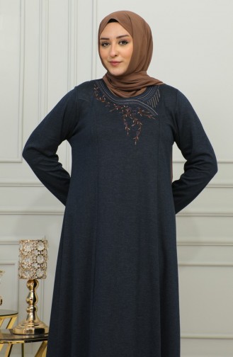 Plus Size Geborduurde Viscose Jurk 4879-02 Marineblauw 4879-02