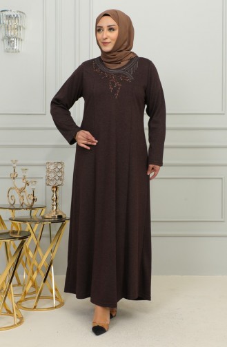 Plus Size Geborduurde Viscose Jurk 4879-04 Bruin 4879-04