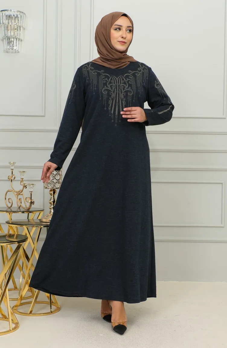 Robe Grande Taille En Viscose Brodée 4958-02 Bleu Marine 4958-02