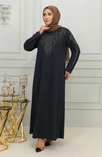 Robe Grande Taille En Viscose Brodée 4958-02 Bleu Marine 4958-02