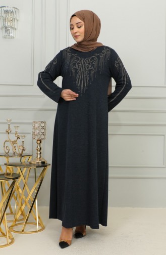 Plus Size Geborduurde Viscose Jurk 4958-02 Marineblauw 4958-02