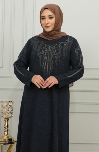 Plus Size Geborduurde Viscose Jurk 4958-02 Marineblauw 4958-02