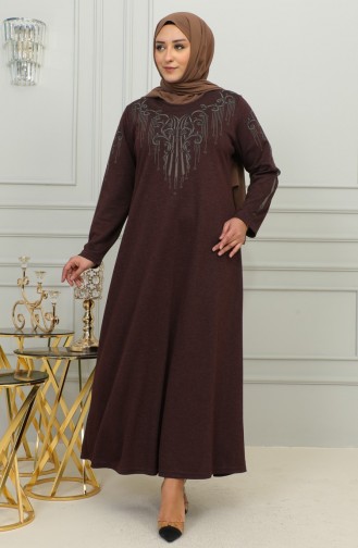 Plus Size Geborduurde Viscose Jurk 4958-05 Bruin 4958-05