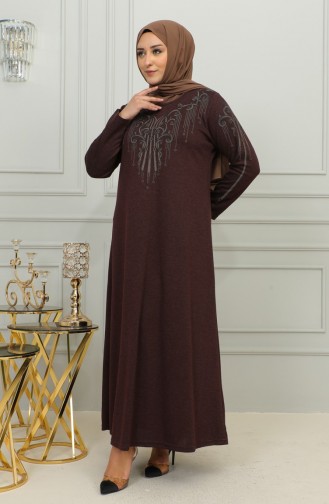 Plus Size Geborduurde Viscose Jurk 4958-05 Bruin 4958-05