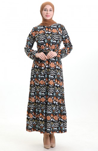 Dijital Baskılı Büzgülü Kuşaklı Elbise 1006-01 Siyah Kiremit