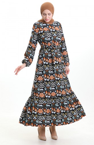 Dijital Baskılı Büzgülü Kuşaklı Elbise 1006-01 Siyah Kiremit
