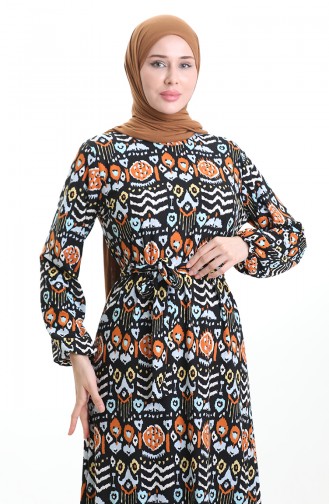 Dijital Baskılı Büzgülü Kuşaklı Elbise 1006-01 Siyah Kiremit