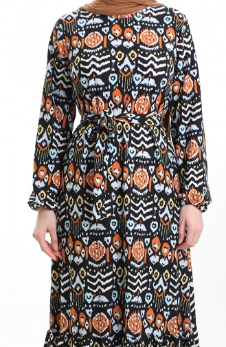 Dijital Baskılı Büzgülü Kuşaklı Elbise 1006-01 Siyah Kiremit