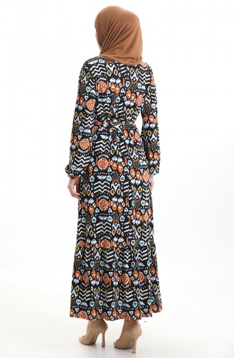 Dijital Baskılı Büzgülü Kuşaklı Elbise 1006-01 Siyah Kiremit