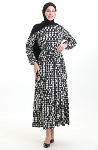 Dijital Baskılı Büzgülü Kuşaklı Elbise 1006A-01 Siyah Beyaz