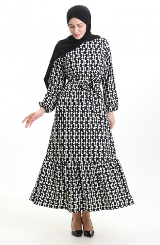 Dijital Baskılı Büzgülü Kuşaklı Elbise 1006A-01 Siyah Beyaz