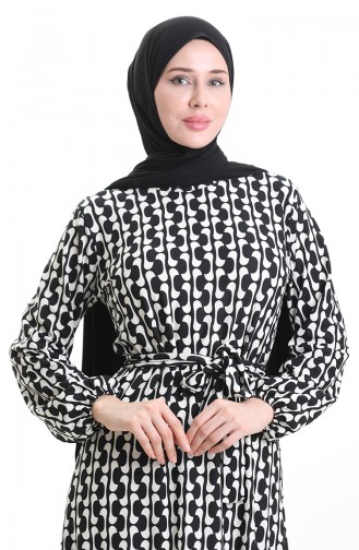 Dijital Baskılı Büzgülü Kuşaklı Elbise 1006A-01 Siyah Beyaz