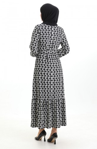 Dijital Baskılı Büzgülü Kuşaklı Elbise 1006A-01 Siyah Beyaz