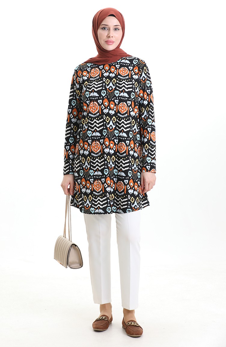 Sefamerve, Digitaal Bedrukte Crêpe Tuniek 1004-01 Zwarte Baksteen