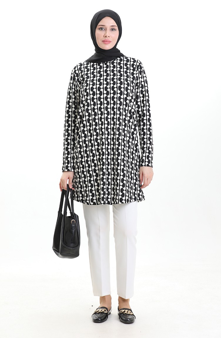 Sefamerve, Digitaal Bedrukte Crêpe Tuniek 1004A-01 Zwart-wit