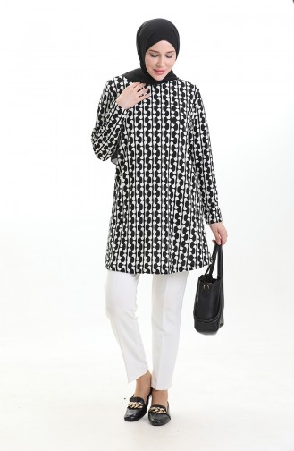 Digitaal Bedrukte Crêpe Tuniek 1004A-01 Zwart-wit 1004A-01