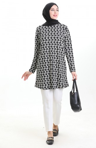 Digitaal Bedrukte Crêpe Tuniek 1004A-01 Zwart-wit 1004A-01