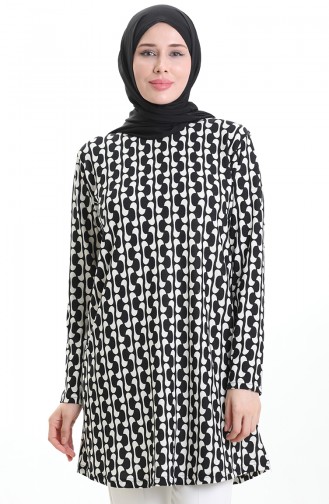 Digitaal Bedrukte Crêpe Tuniek 1004A-01 Zwart-wit 1004A-01