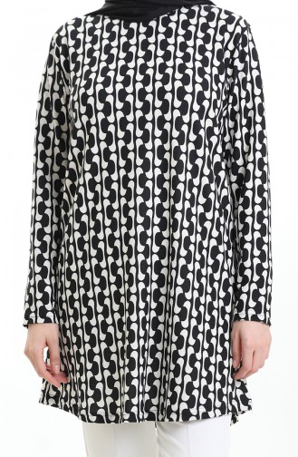 Digitaal Bedrukte Crêpe Tuniek 1004A-01 Zwart-wit 1004A-01