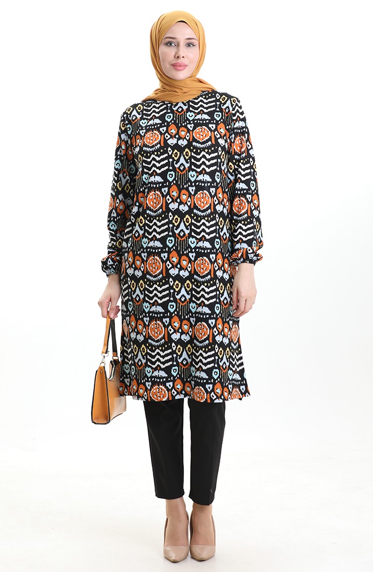 Sefamerve, Digitally Printed Slit Detailed Tunic 1005-01 Black Brick