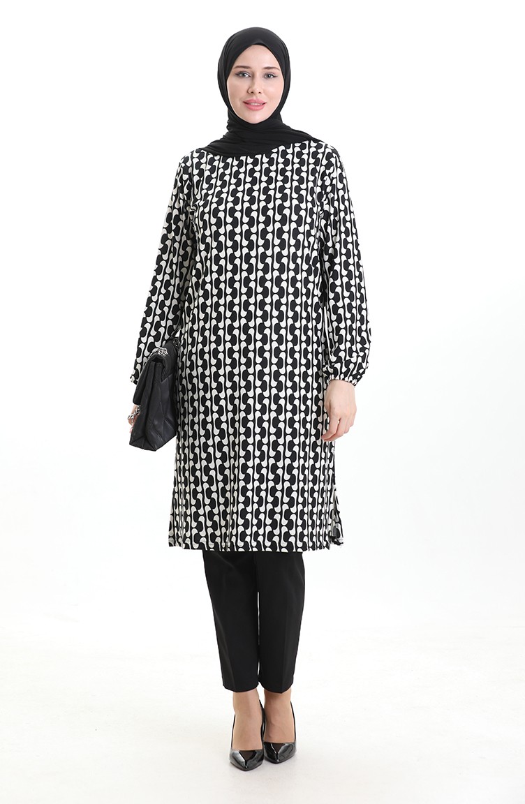 Sefamerve, Tunique à Fentes Imprimées Numériquement 1005A-01 Noir Et Blanc
